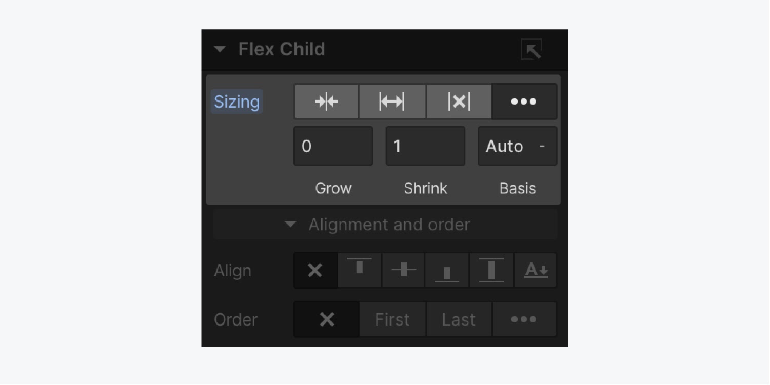 The customize grow and shrink behavior is shown in the Flex child section of the Style panel.