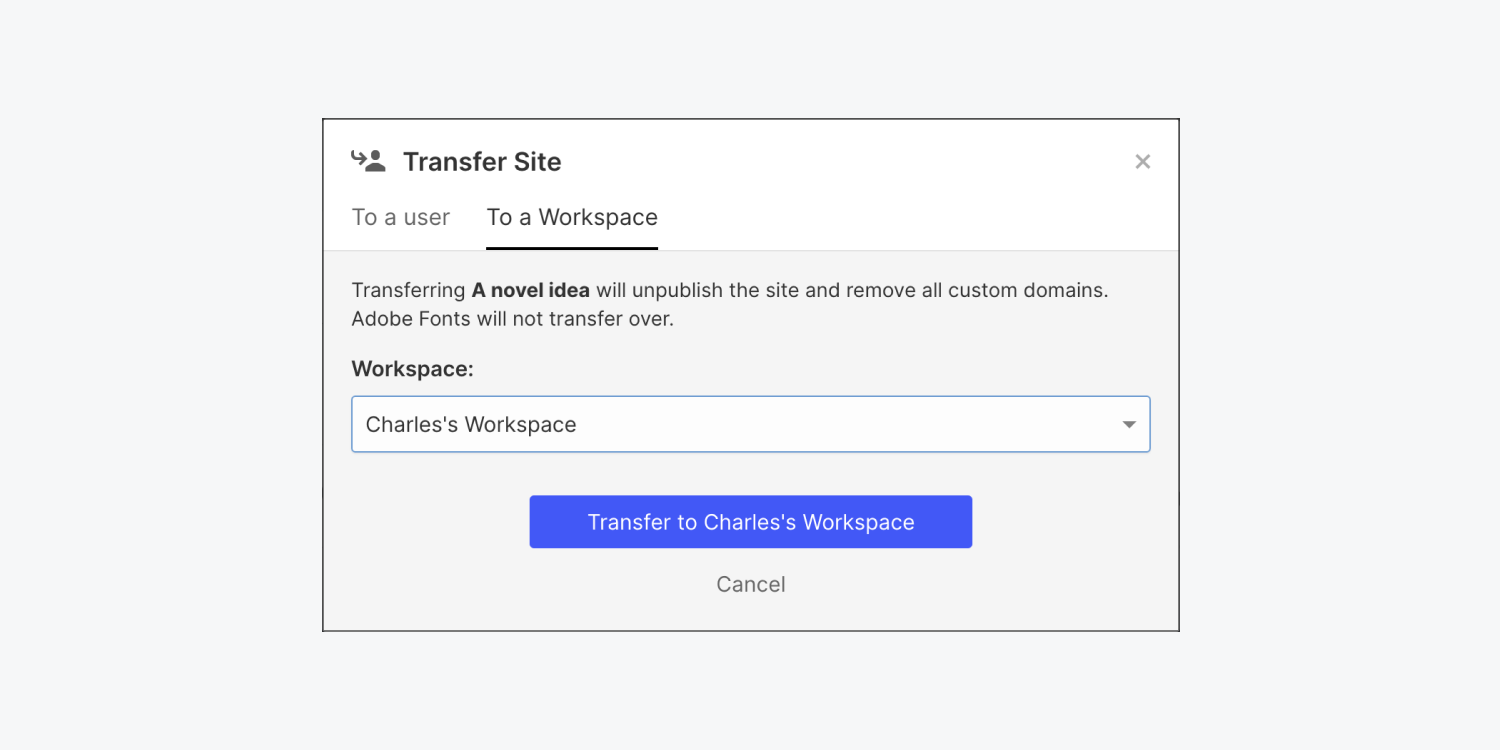 The transfer site modal is shown with the To a workspace tab selected. 