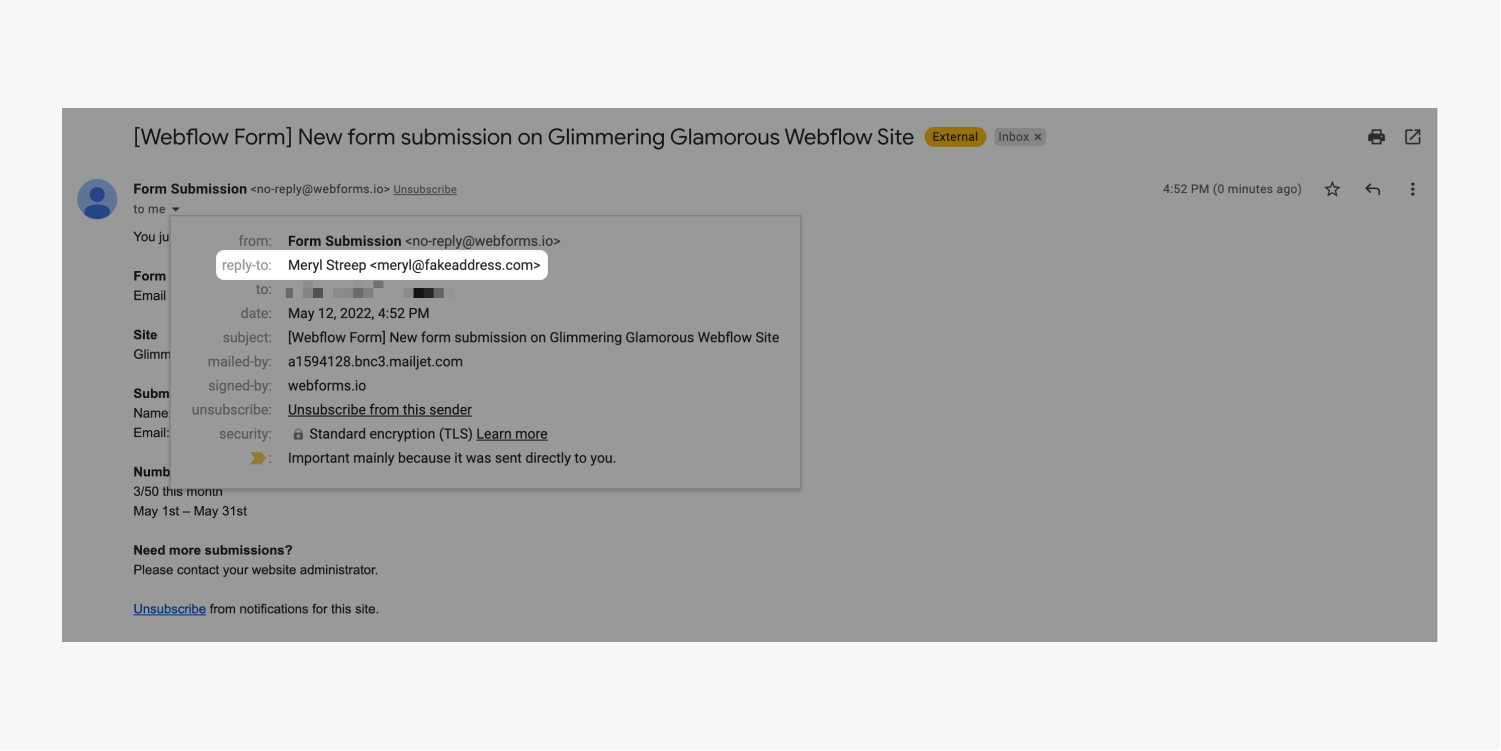 Example form submission notification email with its details expanded. The reply to address is highlighted and reads “reply-to: Meryl Streep <meryl@fakeaddress.com>”.