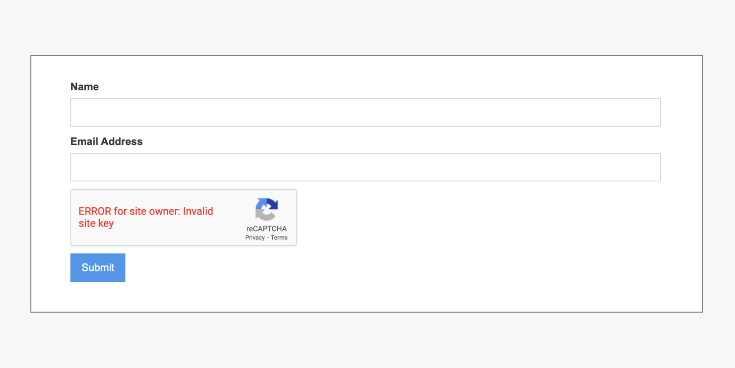 The "ERROR for site owner: Invalid domain for site key" is visible in the reCAPTCHA element. 