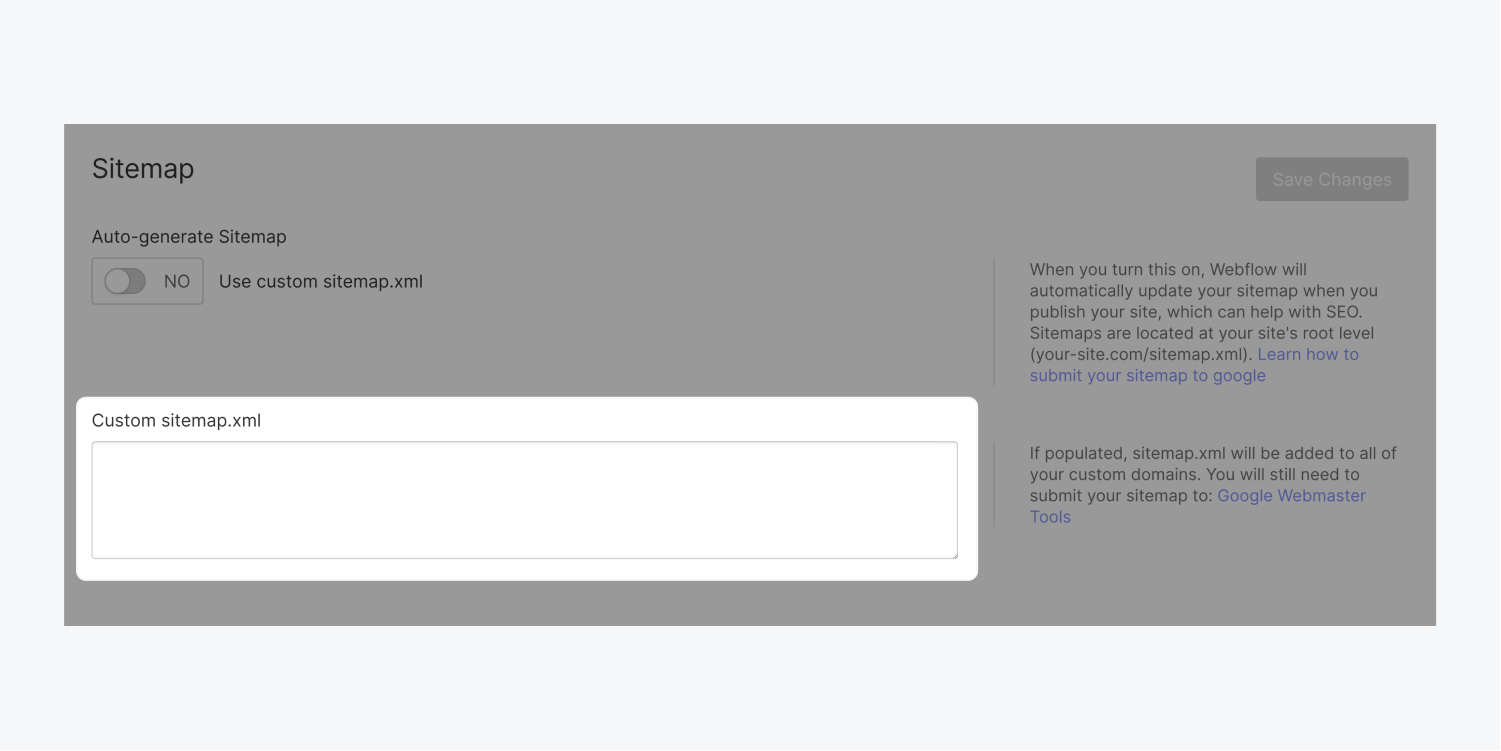 The Custom sitemap.xml field highlighted in Site settings > SEO tab > Sitemap section.