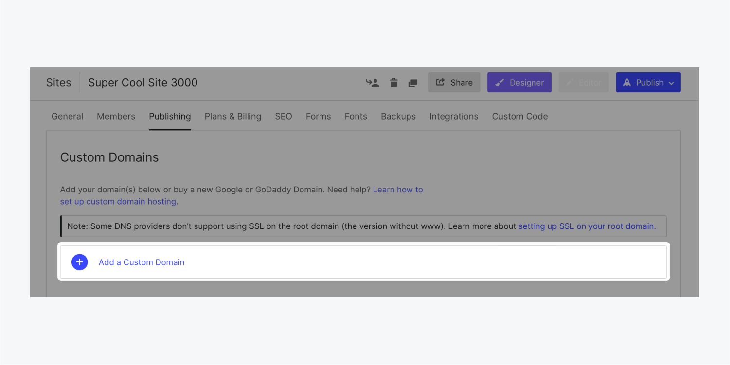 The “Add a custom domain” option highlighted in the Publishing tab of Site settings.