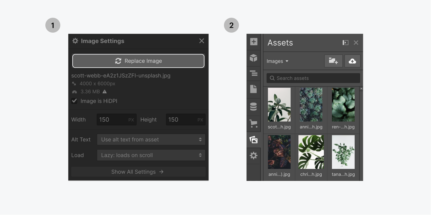 Step one on the left click the replace button, step two on the right select an image from the assets panel.