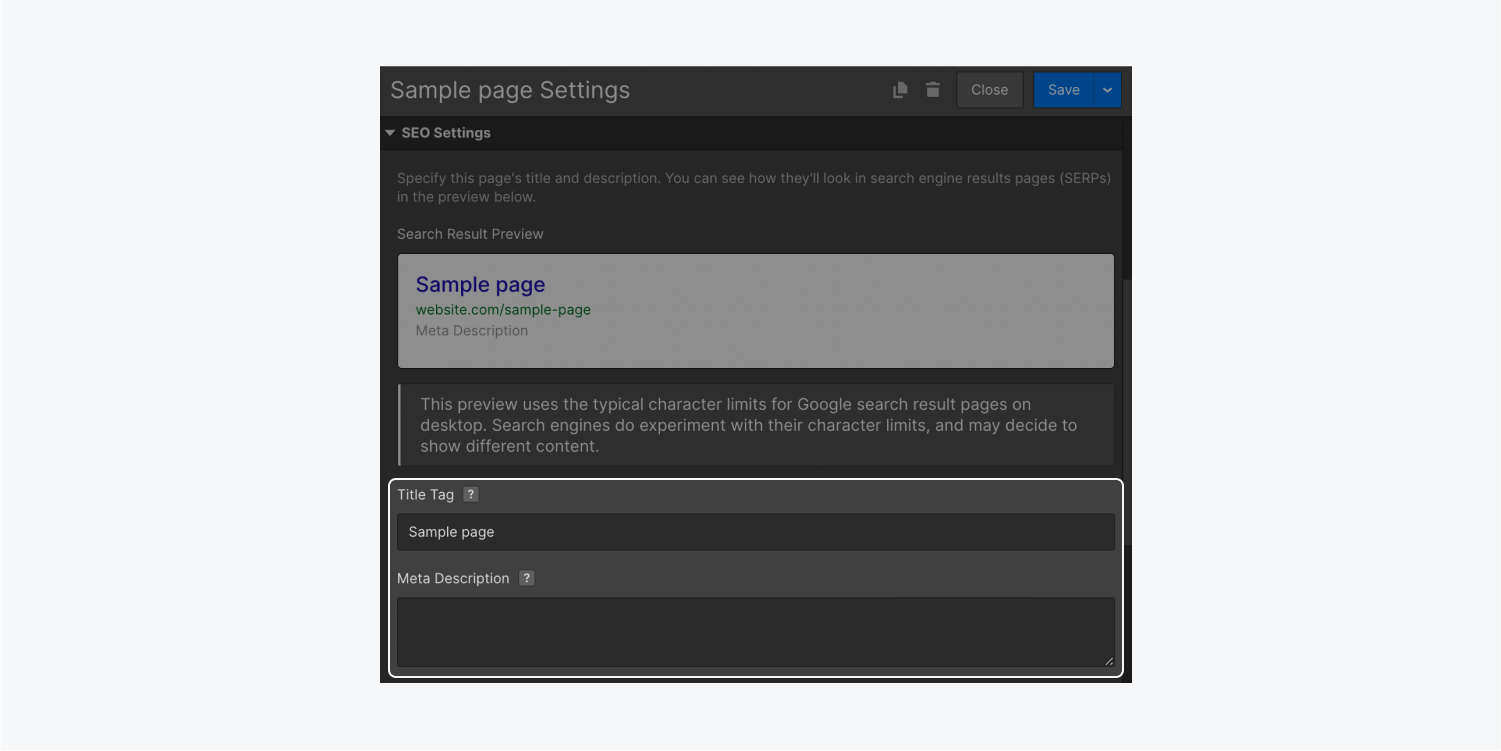 The title tag and meta description fields are highlighted in the SEO settings of Page settings.