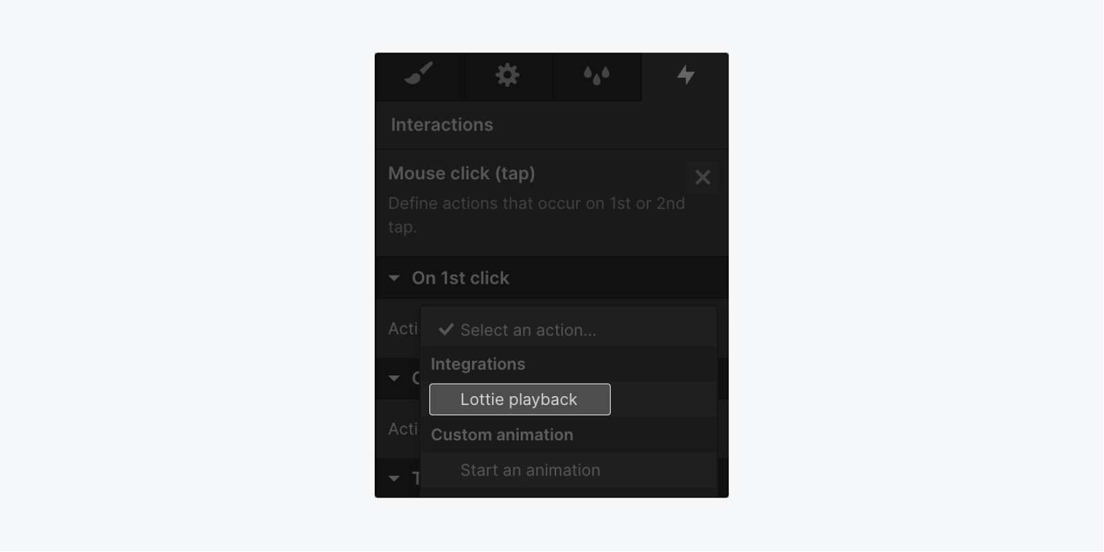 The lottie playback action is highlighted in the dropdown menu of the select an option menu.