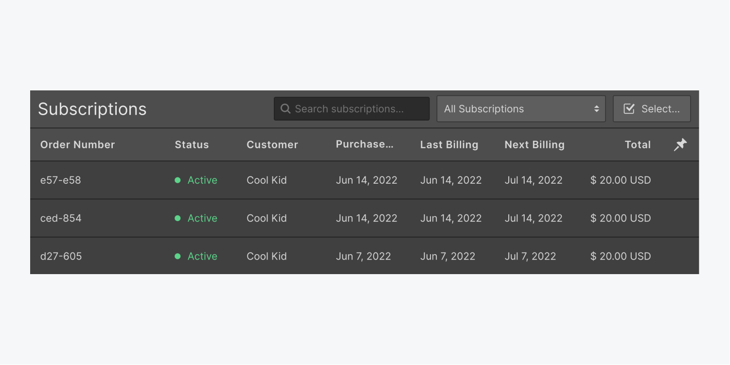 The Subscriptions list shows 3 active subscriptions, the customers the subscriptions belong to, the purchase date, billing date, next billing date, and the total price of each subscription.