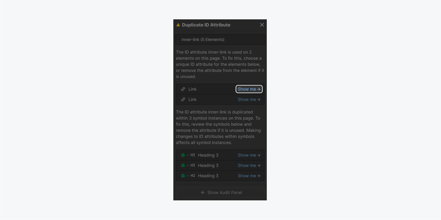 Expanded Audit panel menu highlighting all instances of the ID “inner-link” on elements and symbol instances. The “Show me” arrow is highlighted next to one of the Link elements where the ID is used.