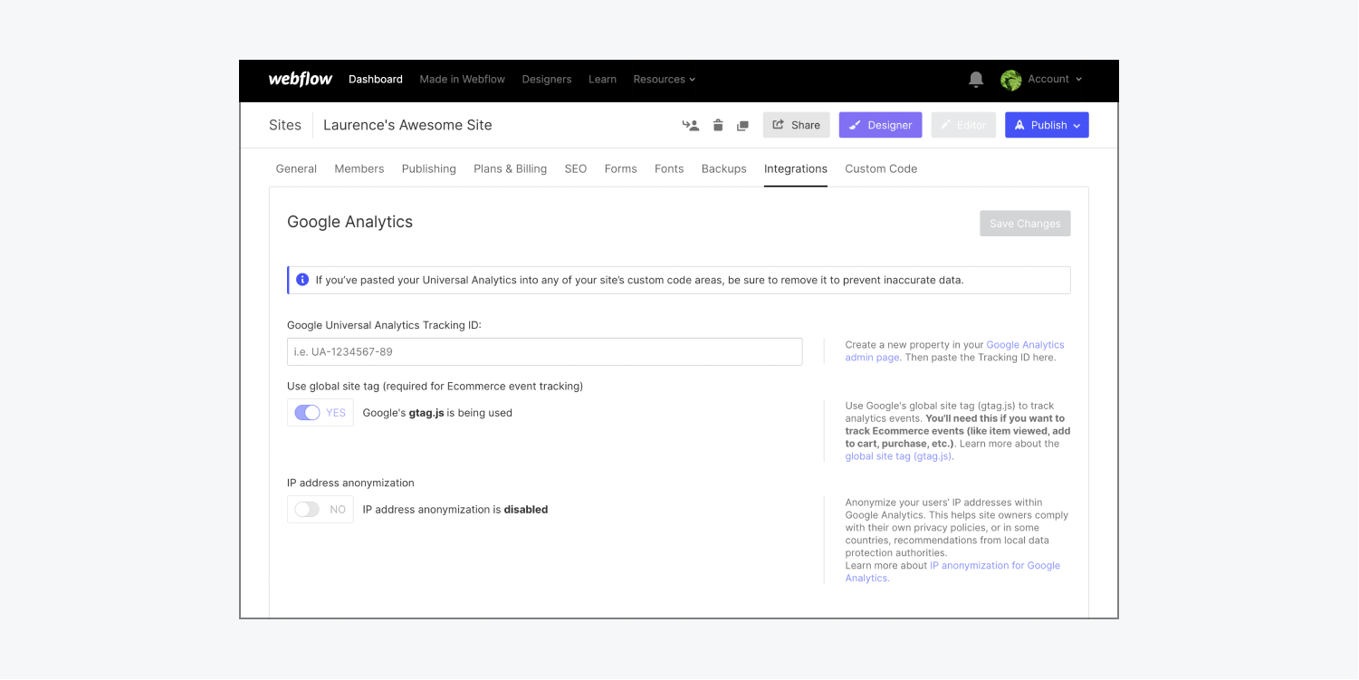 The Google Analytics section in the Integrations tab of Site settings.