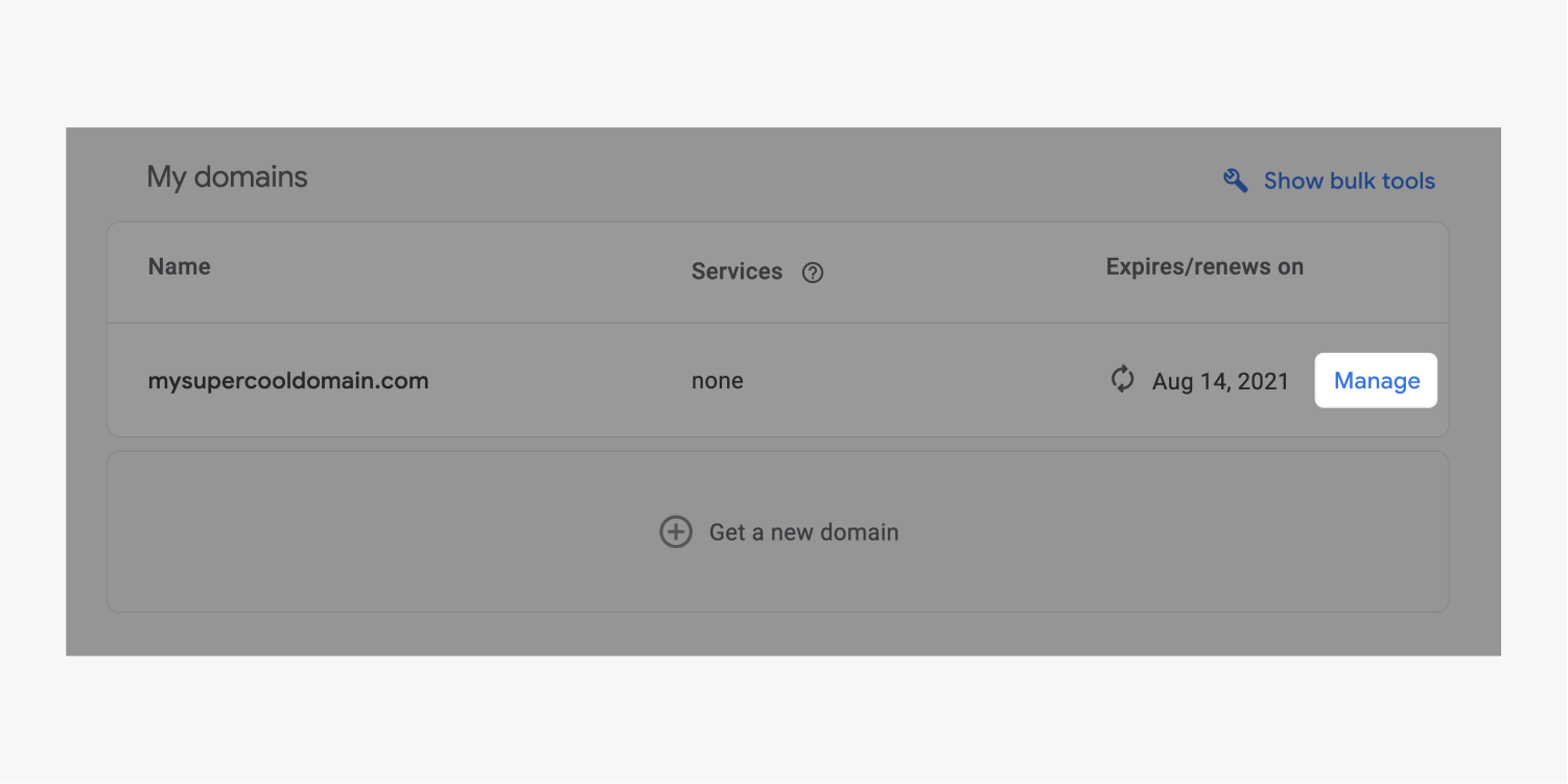 The manage button for a domain named mysupercooldomain.com is highlighted in the My Domains section of the DNS settings. It includes "none" services and expires/renews on Aug 14, 2021.