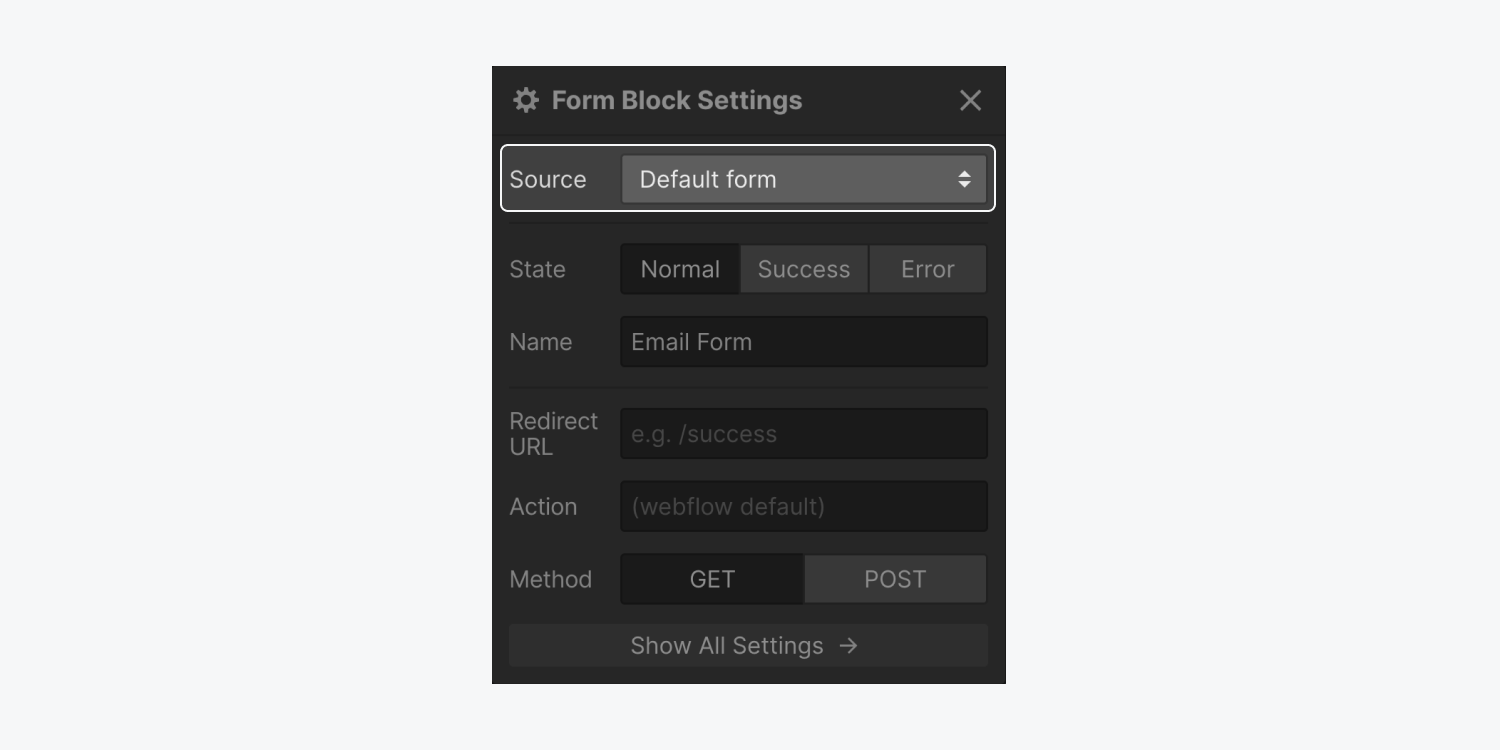 The Form block Source is set to “Default form.” 