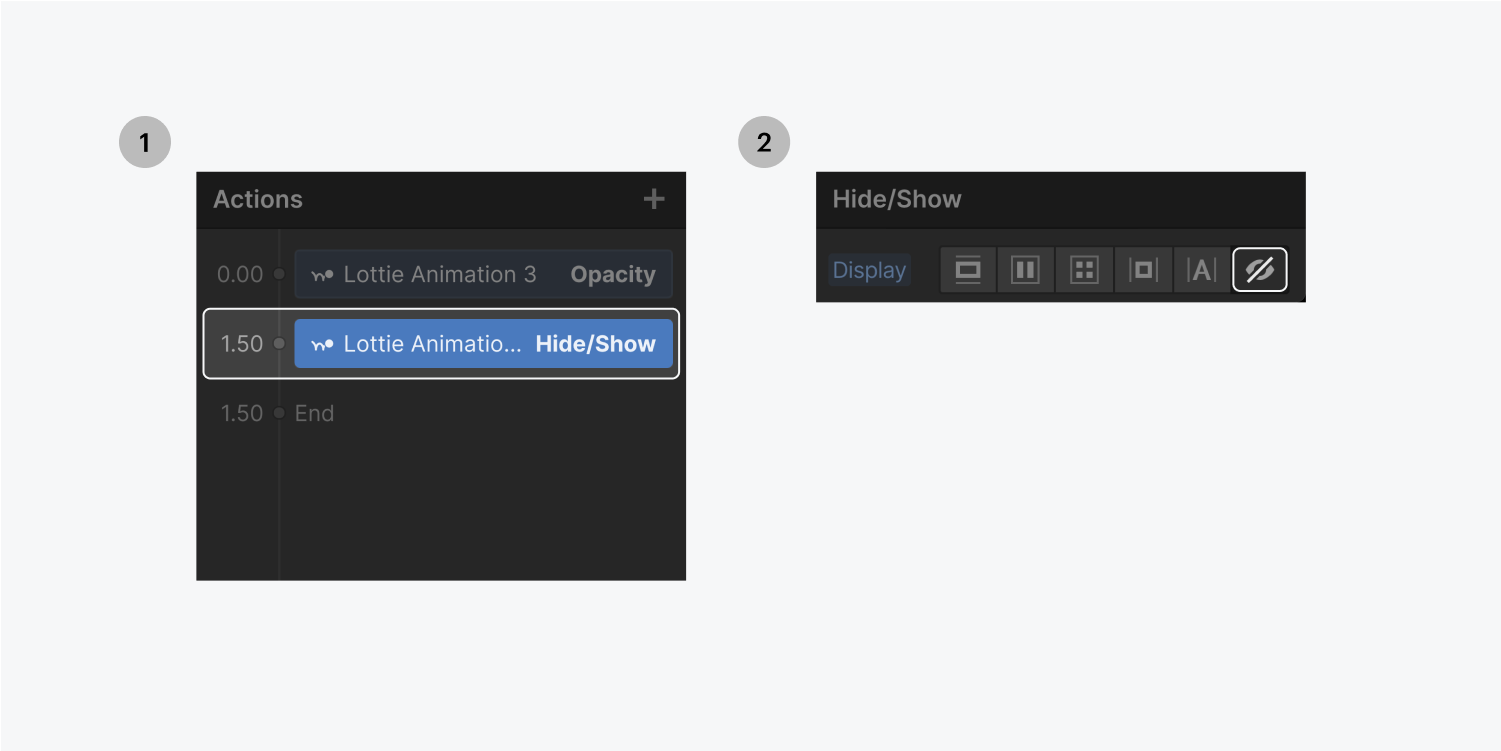 Step one on the left click on the action at the 1.50 timecode, step two on the right, select the none display setting on the Hide/show settings panel.e