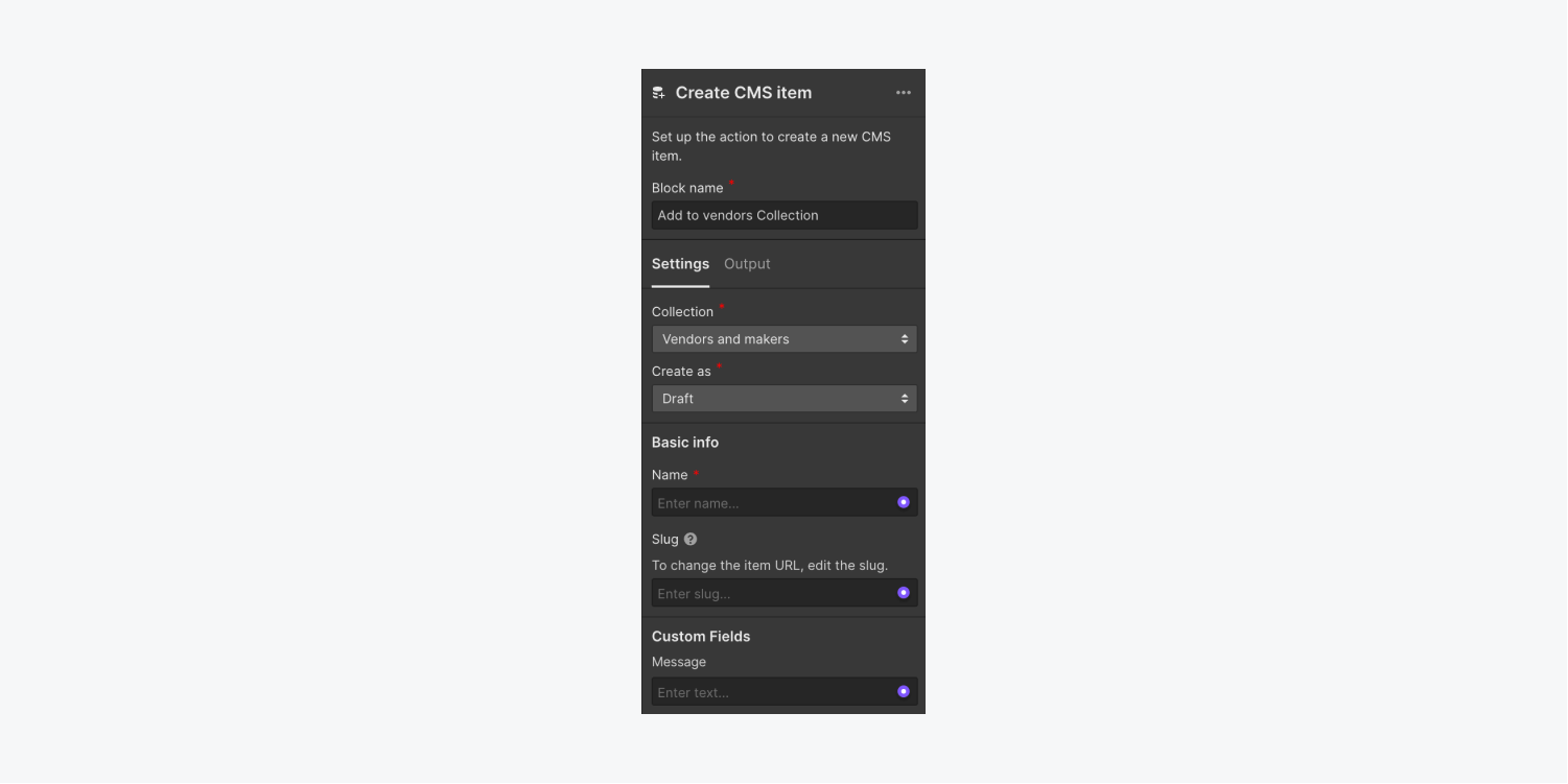 The Create CMS item block settings displays the fields available in the selected Collection.