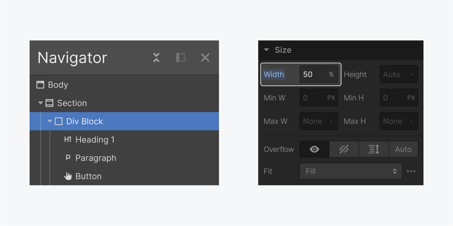 On the left, the navigator displays a div block containing a H1 Heading, Paragraph and button elements. On the right, the width of 50% is highlighted on the size section in the style panel.