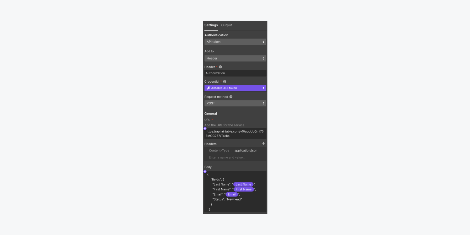 The complete HTTP request block settings for sending data to Airtable include authentication, request method, URL, headers, and request body with variables to capture data from the Webflow form. 