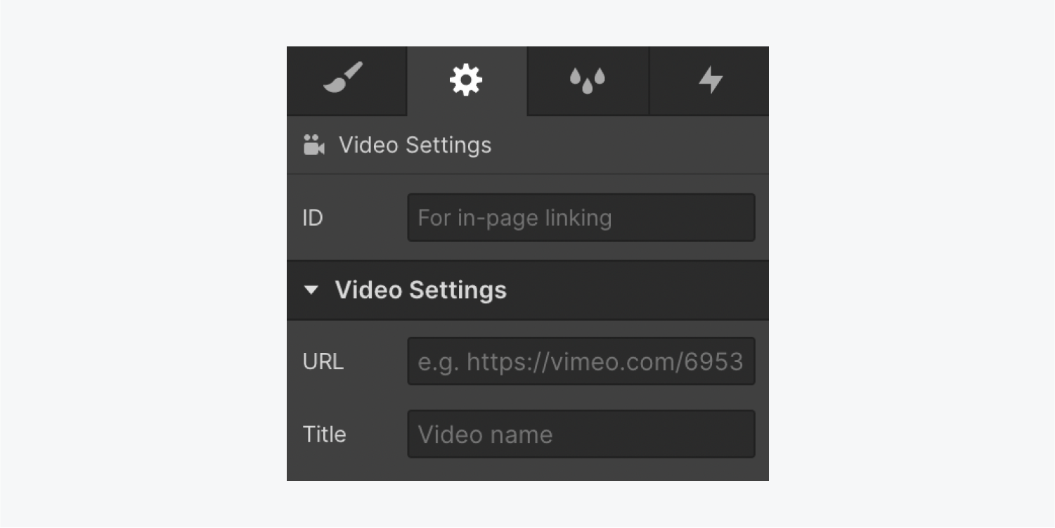 The Video settings section in the Element settings panel.