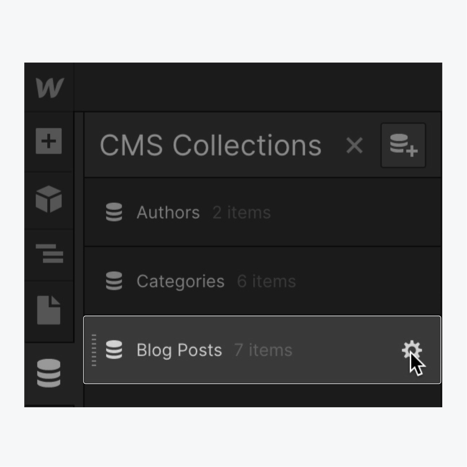 A CMS collection’s settings “cog” icon is shown on hover.