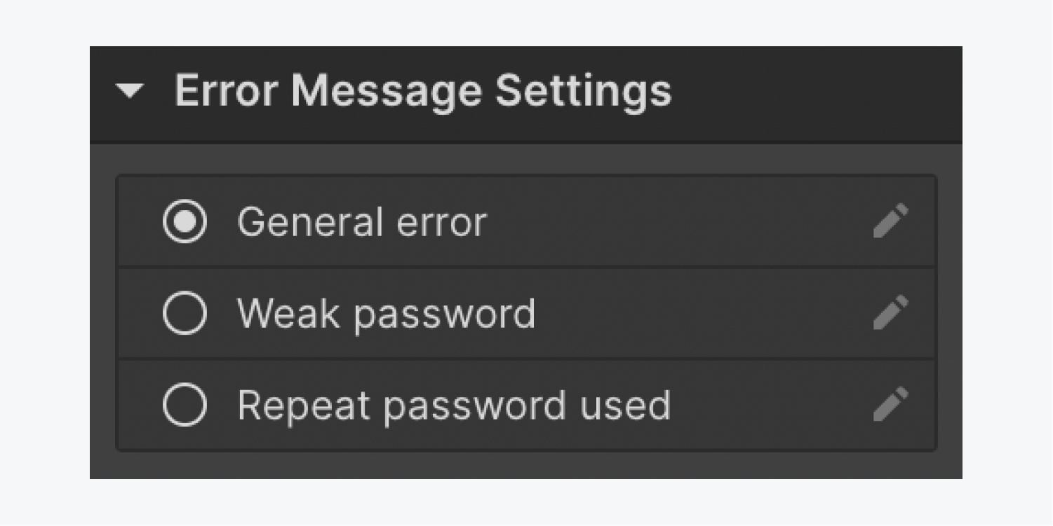 The error message settings for the Update password page.