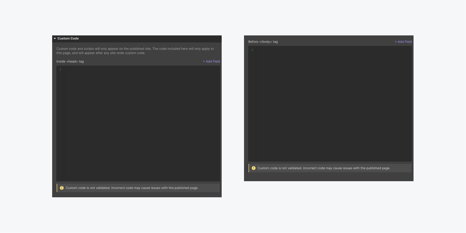 The Custom Code settings panel displays an Inside <head> tag input area and a Before </body> tag input area.