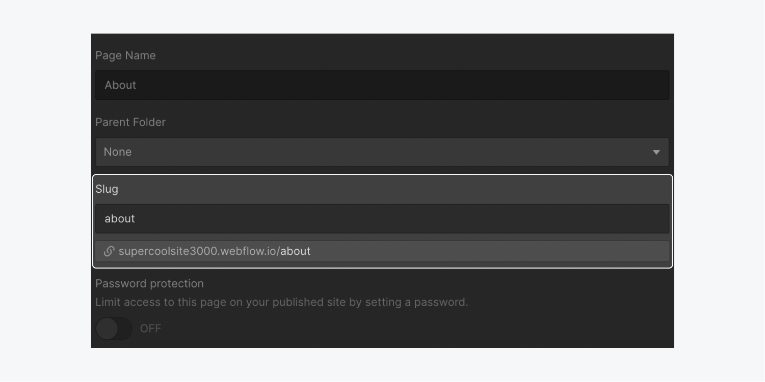 The slug field highlighted within page settings.