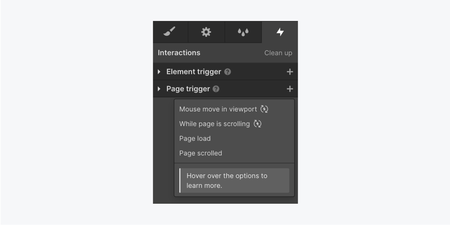 Page triggers in the Interactions panel of the Webflow Designer.