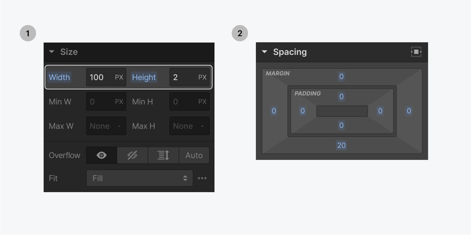 Step one on the left, set the width and height. Step two on the right, add margin to the div block.