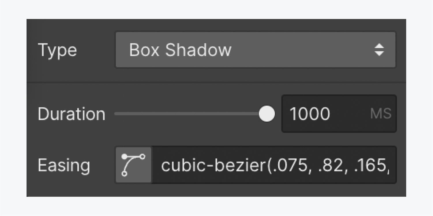 The Type is set to “Box shadow,” Duration is set to 1000 milliseconds, and Easing is set to “Ease out circ” in the Transitions section of the Effects section.