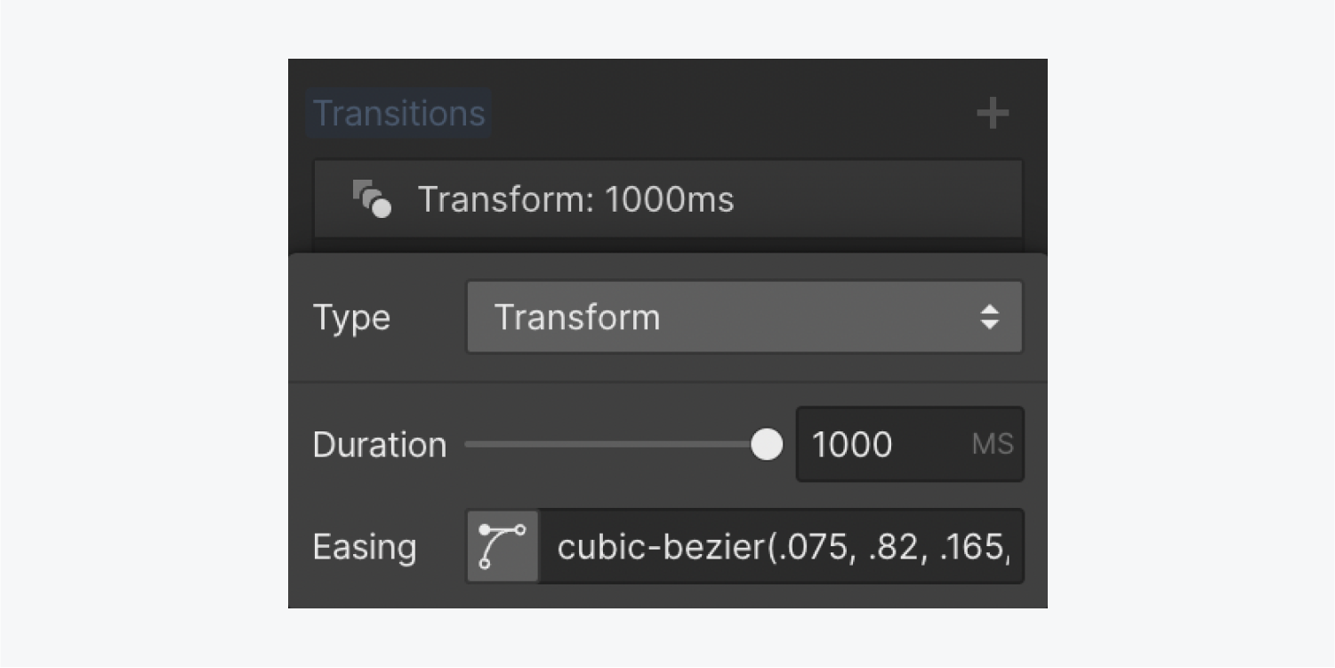 The Type is set to “Transform,” the Duration is set to 1000 milliseconds, and the Easing is set to “Ease out circ” in the Transitions section of the Effects section.