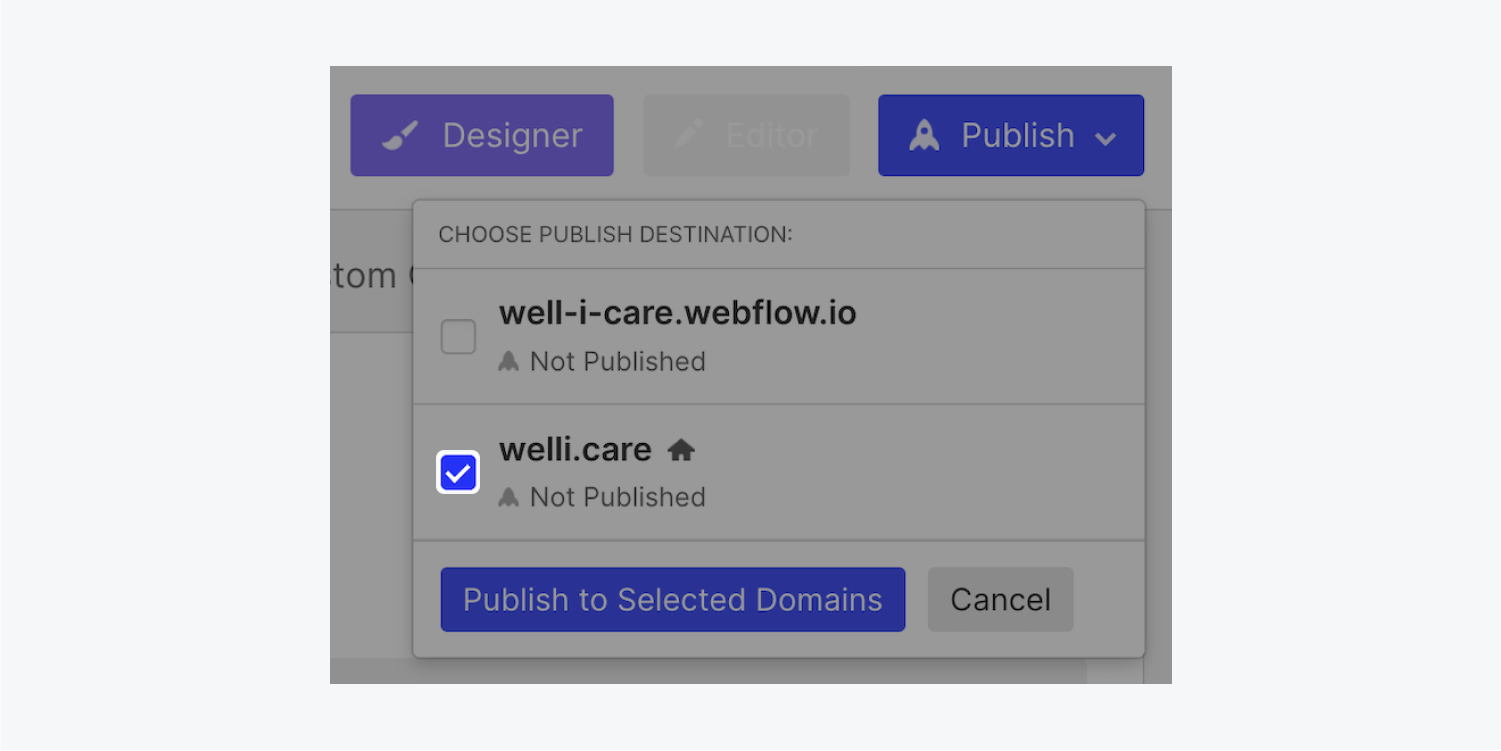 The checkbox next to the root domain is checked in the Publish dropdown.