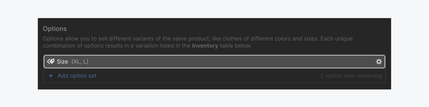 A size variant with two variants is highlighted in the Options section. The size variant contains an XL and L option.