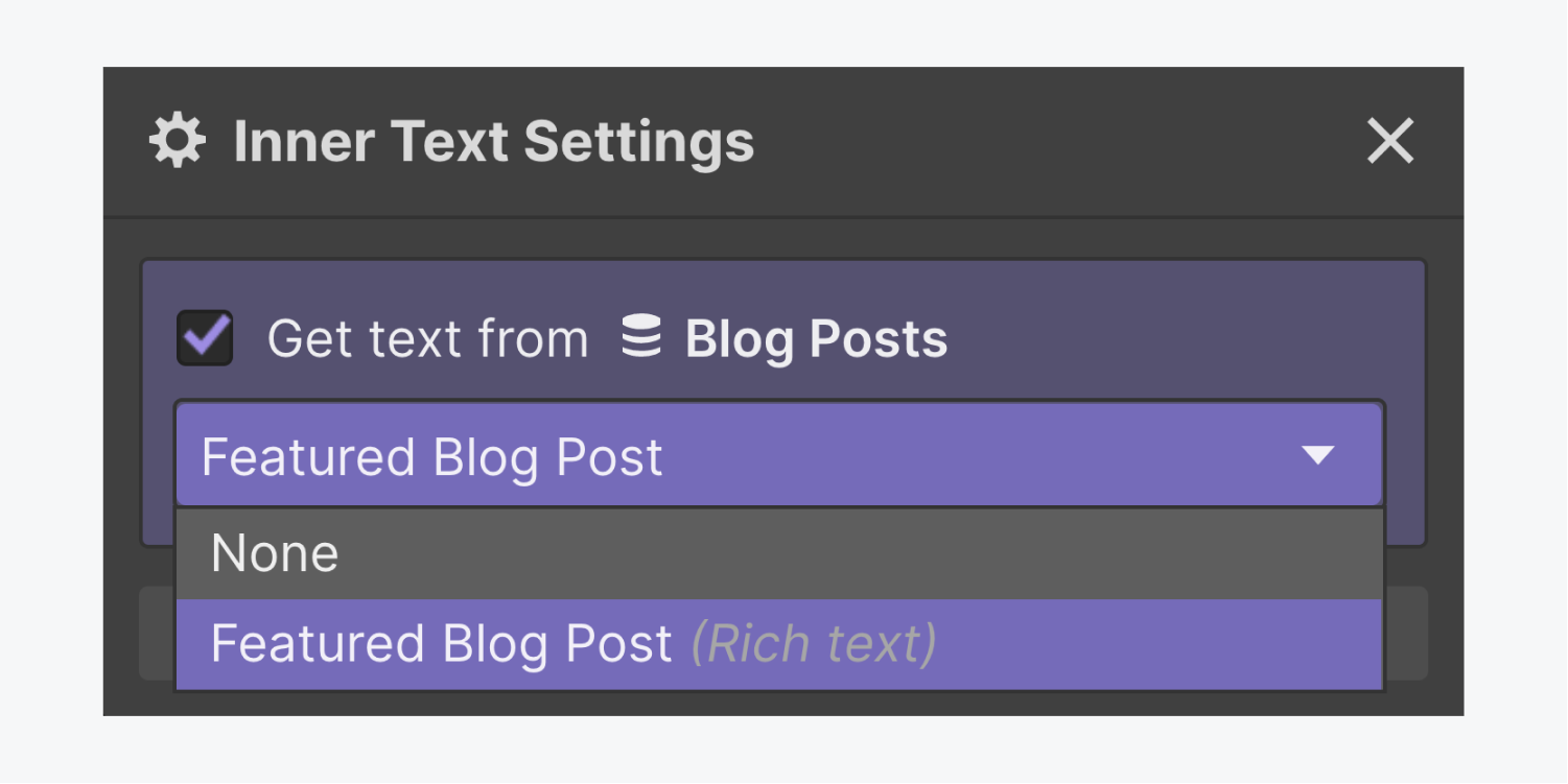 The Inner Text Settings of a Rich Text element is shown. The check box is checked to Get text from a collection called Blog Posts with the drop down menu expanded to connect to the Featured Blog Post field.