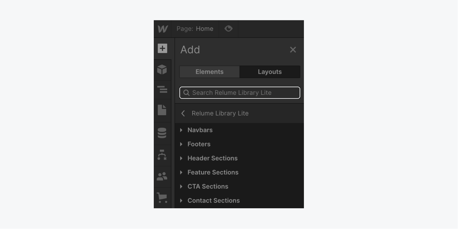 The “Search library” bar is highlighted in the Layouts tab of the Add panel.