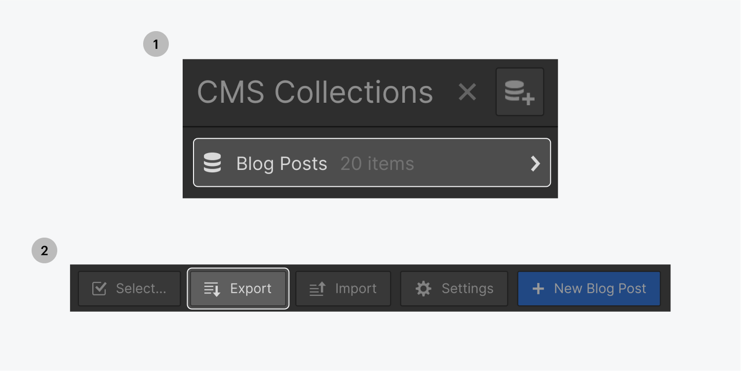 Step one on the top, click the highlighted Blog Posts collection from the CMS Collections panel. Step two on the bottom, click on the highlighted Export button from the CMS Collections toolbar.