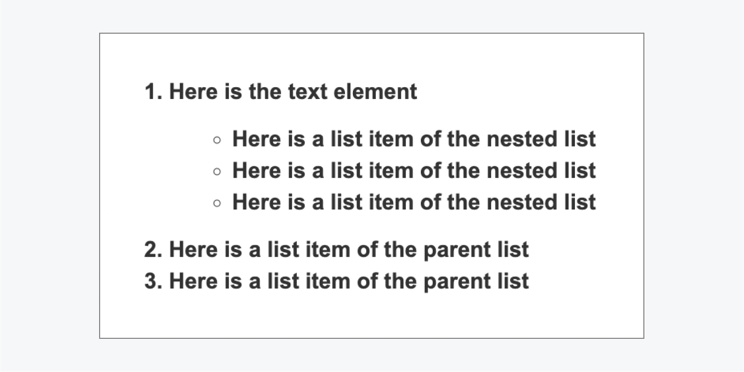 An annotated bullet list and a text element are nested inside the first list item of a numbered list.