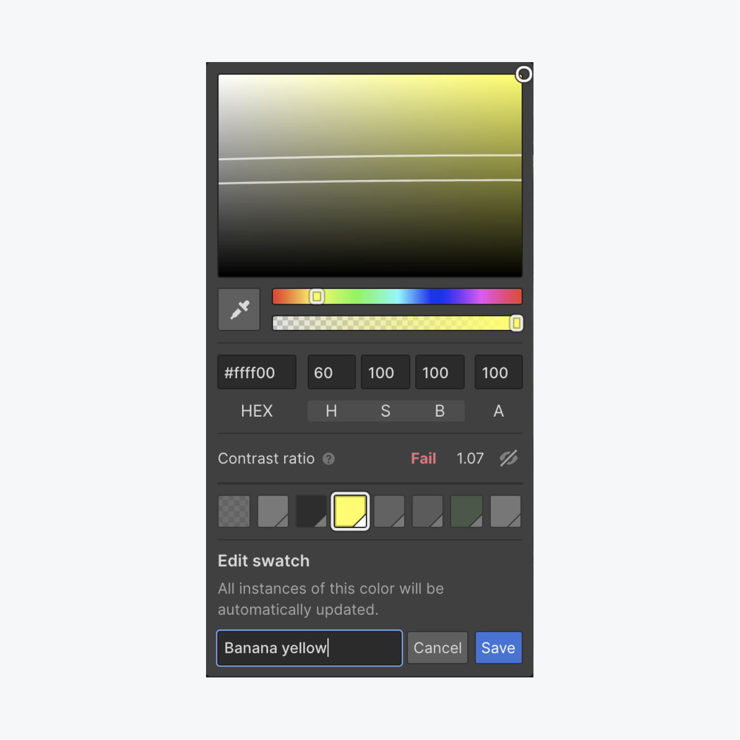 You can edit a swatch color to update that color throughout your project. Open the color picker, click the swatch you want to edit, click the pencil icon, choose your new color, rename the swatch, and press Save. 