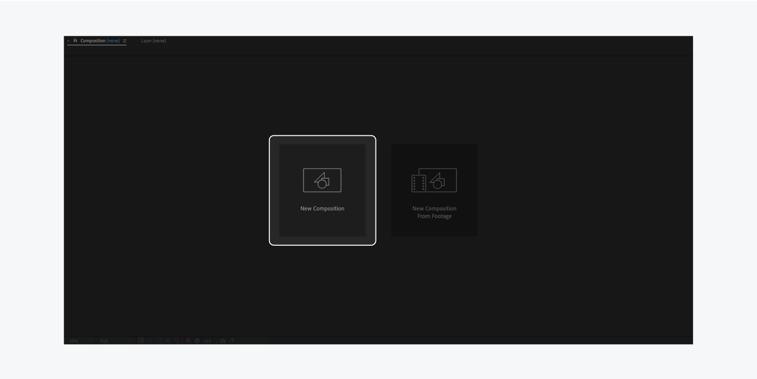 New composition button highlighted on the After effects set up a composition section.