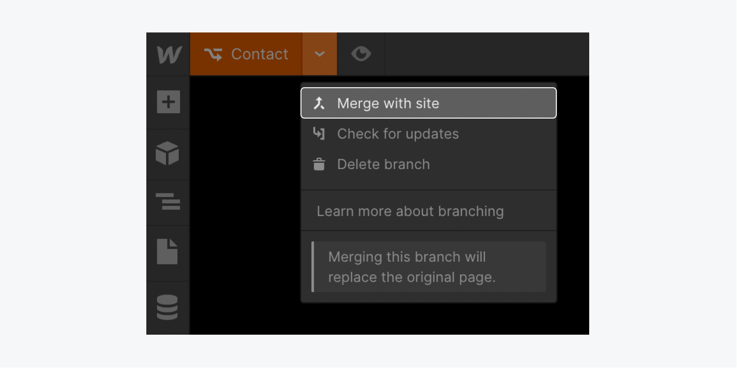 The “Merge with site” option is highlighted in the page branch dropdown.