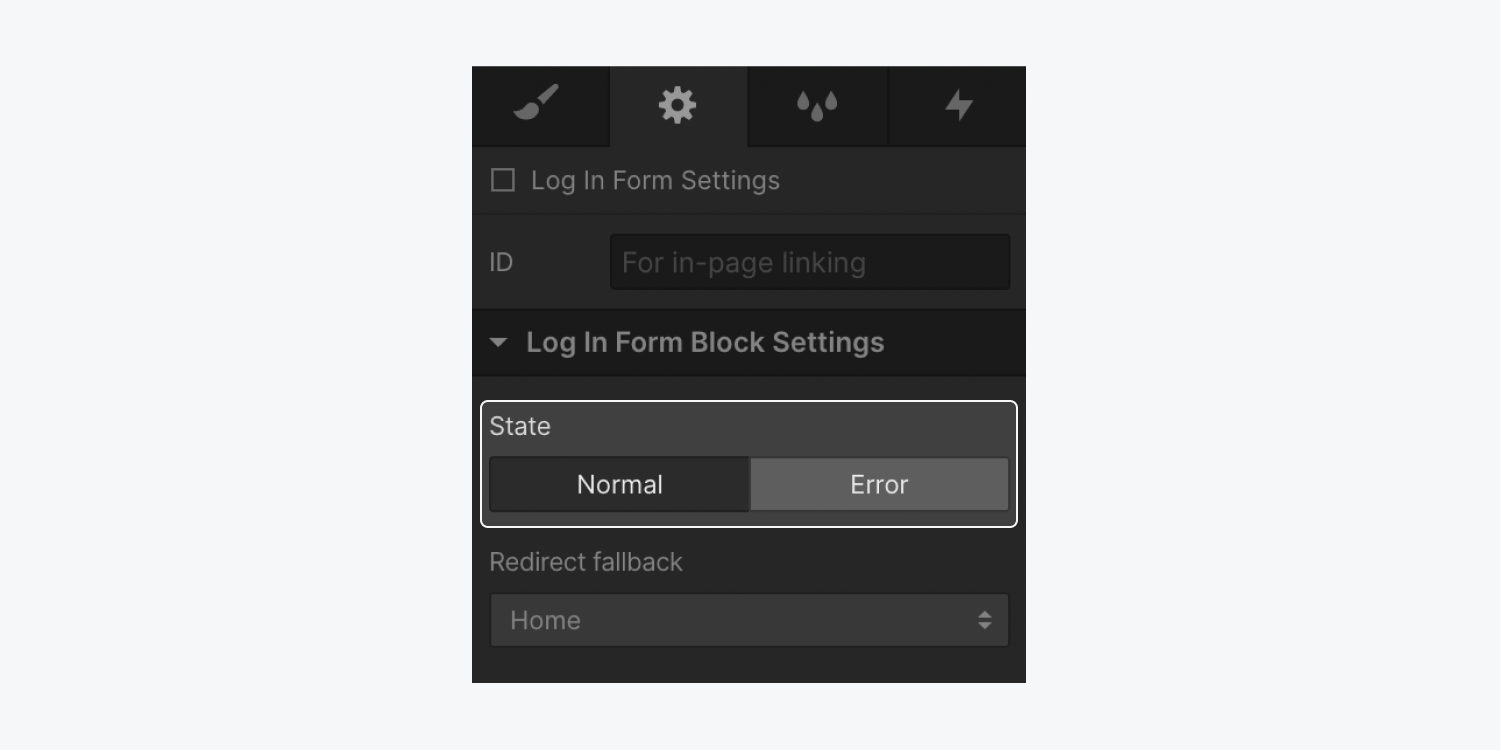 The log in form block states (normal and error) in the Settings panel.