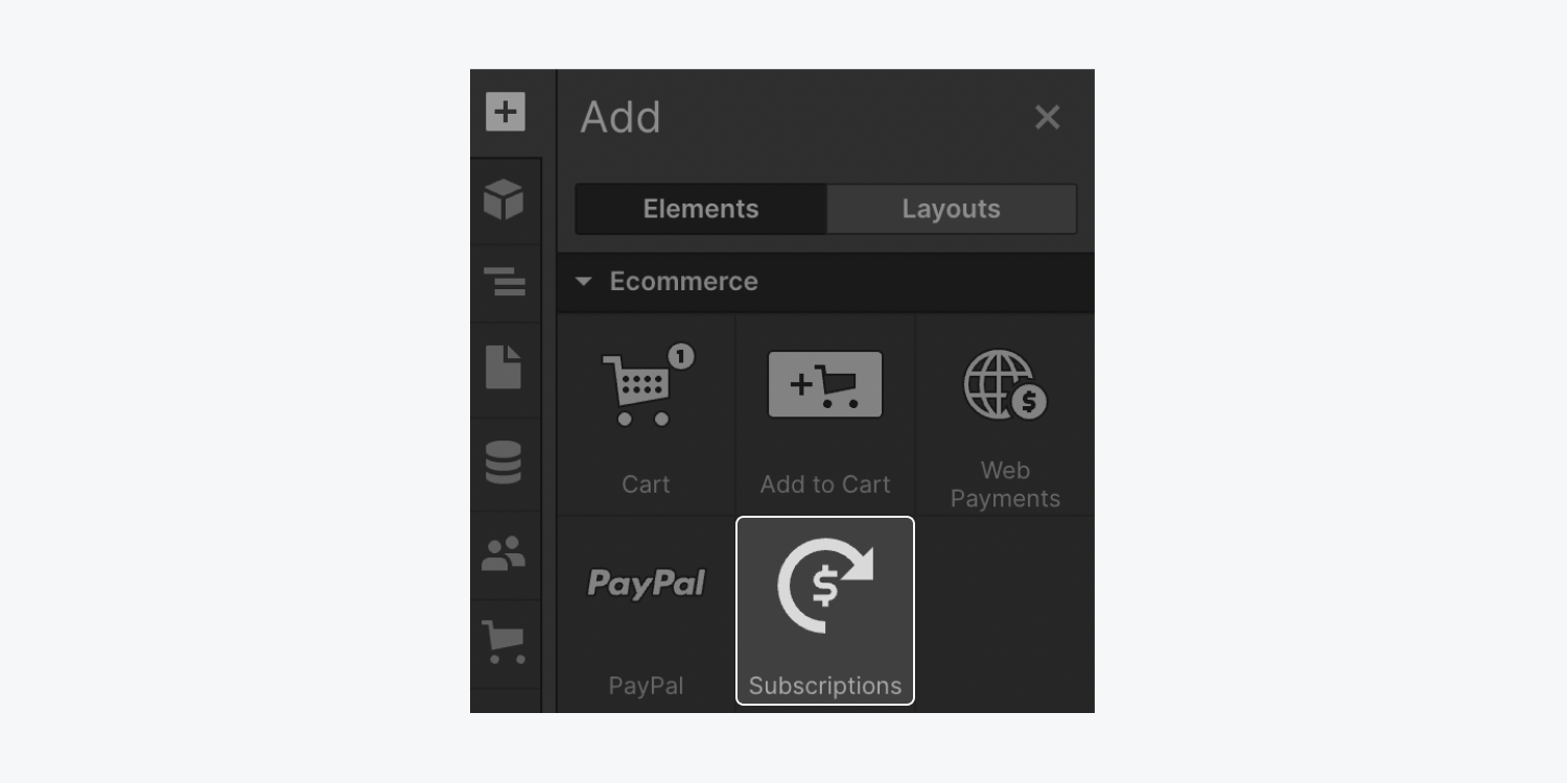 The Subscriptions element in the Ecommerce section of the Add panel.