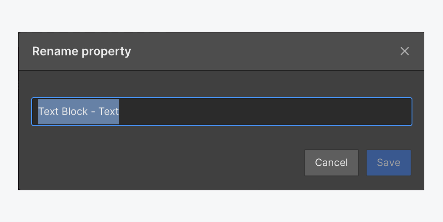 The Rename property modal window is shown with the default property name selected.