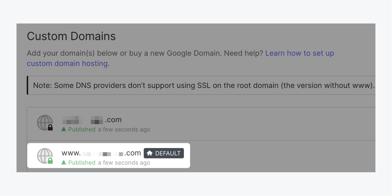 Webflow's hosting settings with the subdomain set as the default domain.