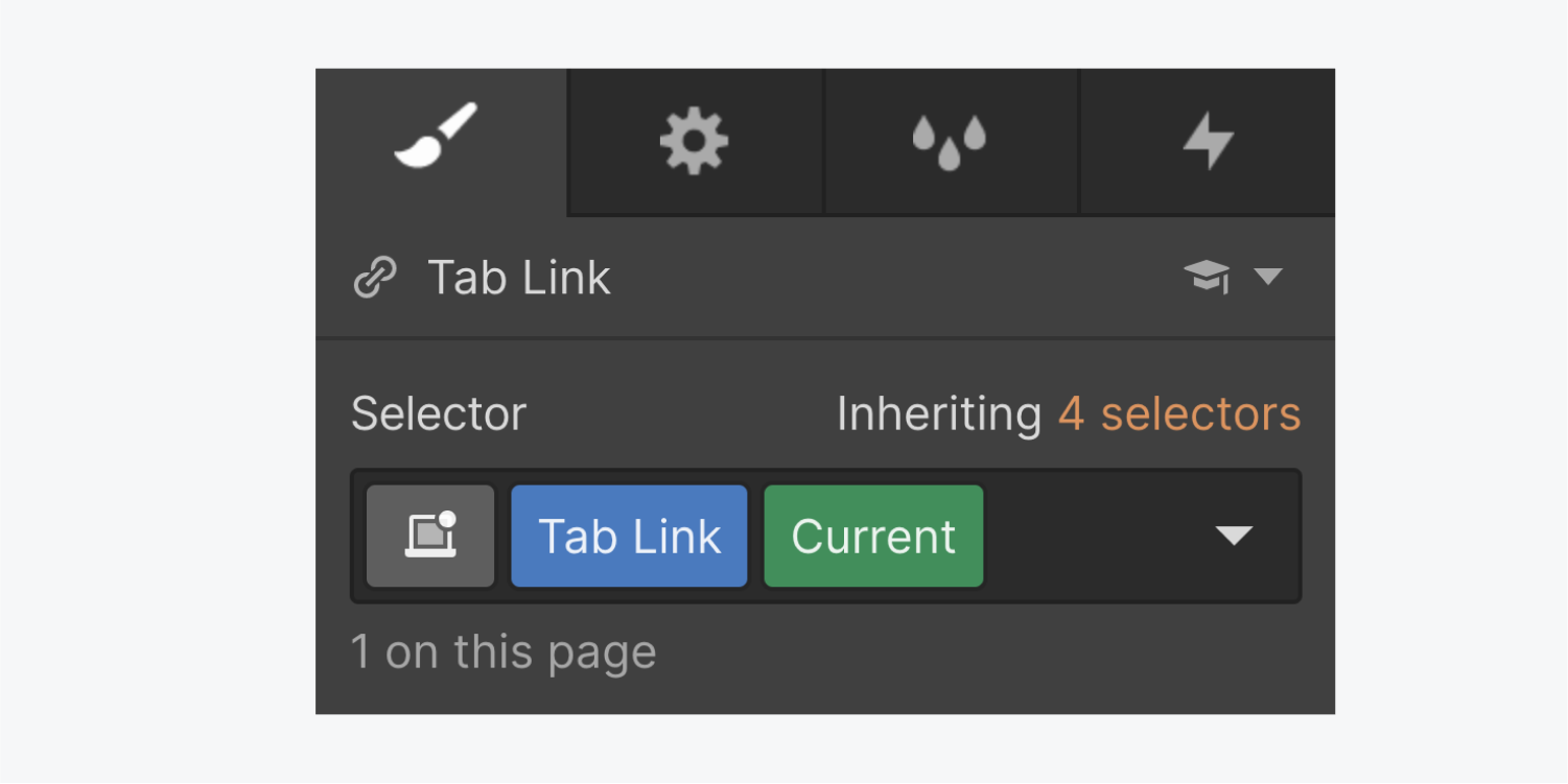 The style panel displays a tab link selected with the class Current added to the default Tab link class.