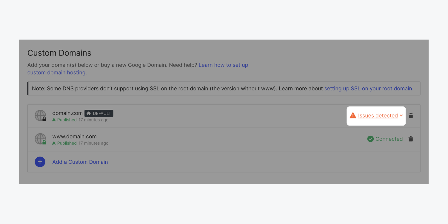 The issues detected indicator is highlighted next to a custom domain in the Publishing tab of Site settings.