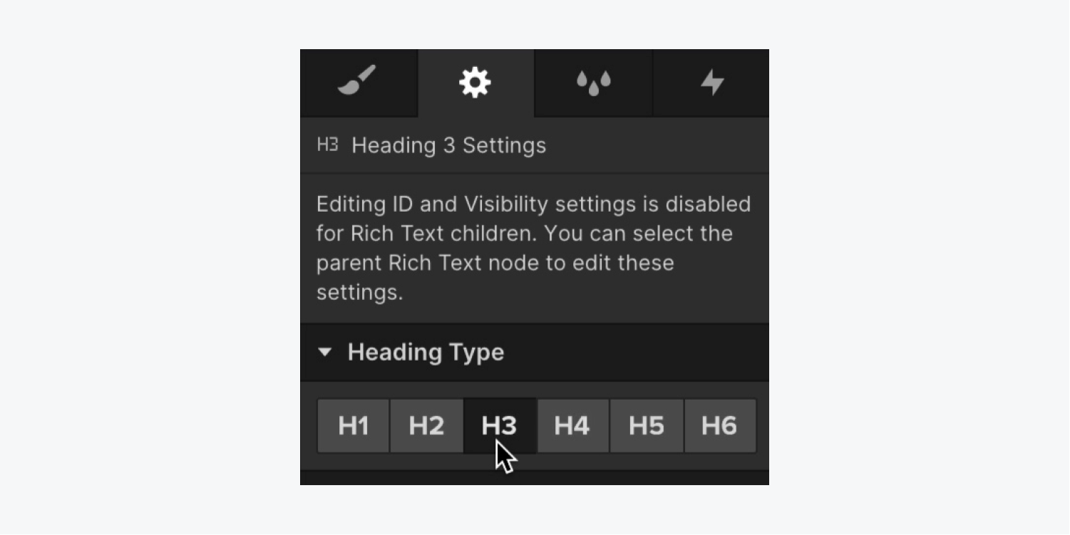 In the Settings panel, an H4 Heading is changed to and H3 Heading to maintain heading hierarchy. 