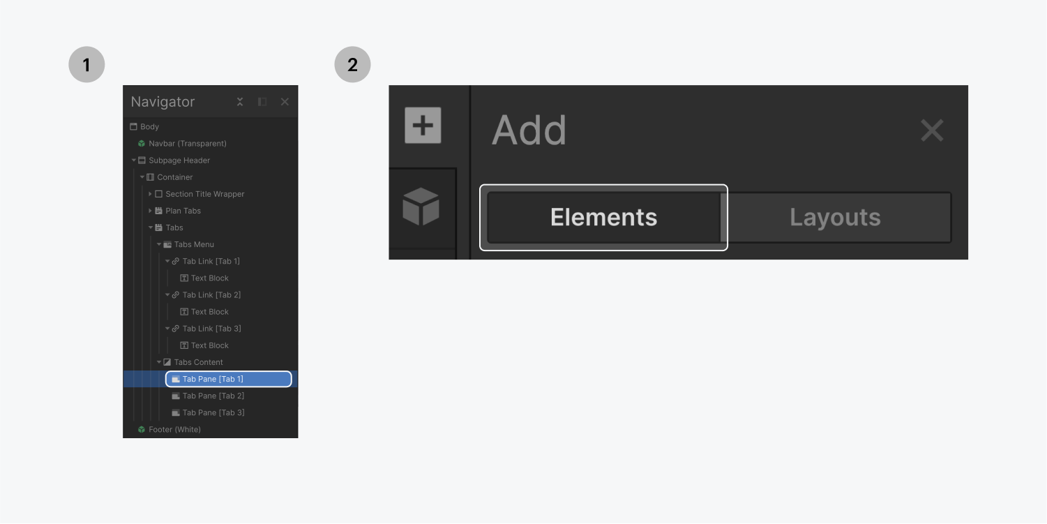 Step one on the left, select the tab pane you want to add an element into. Step two on the right, select the elements tab from the Add panel and add the element you choose.