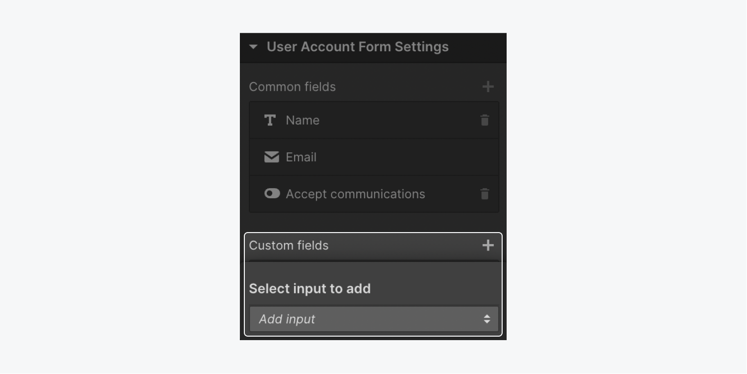 The User account custom fields section in the Settings panel.