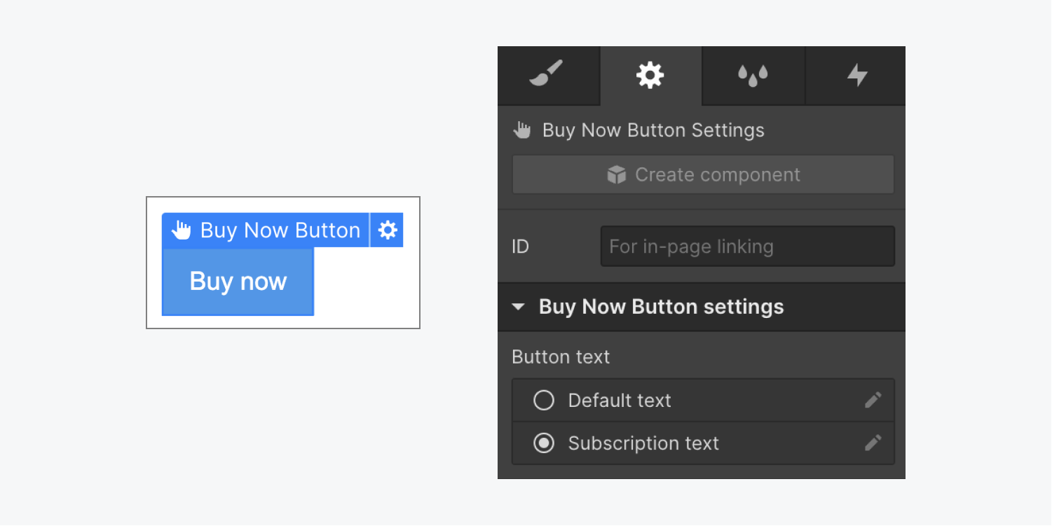 The default “buy now” button is shown, alongside the Element settings panel. In the settings panel’s Buy now button settings, the button text is set to Subscription text.