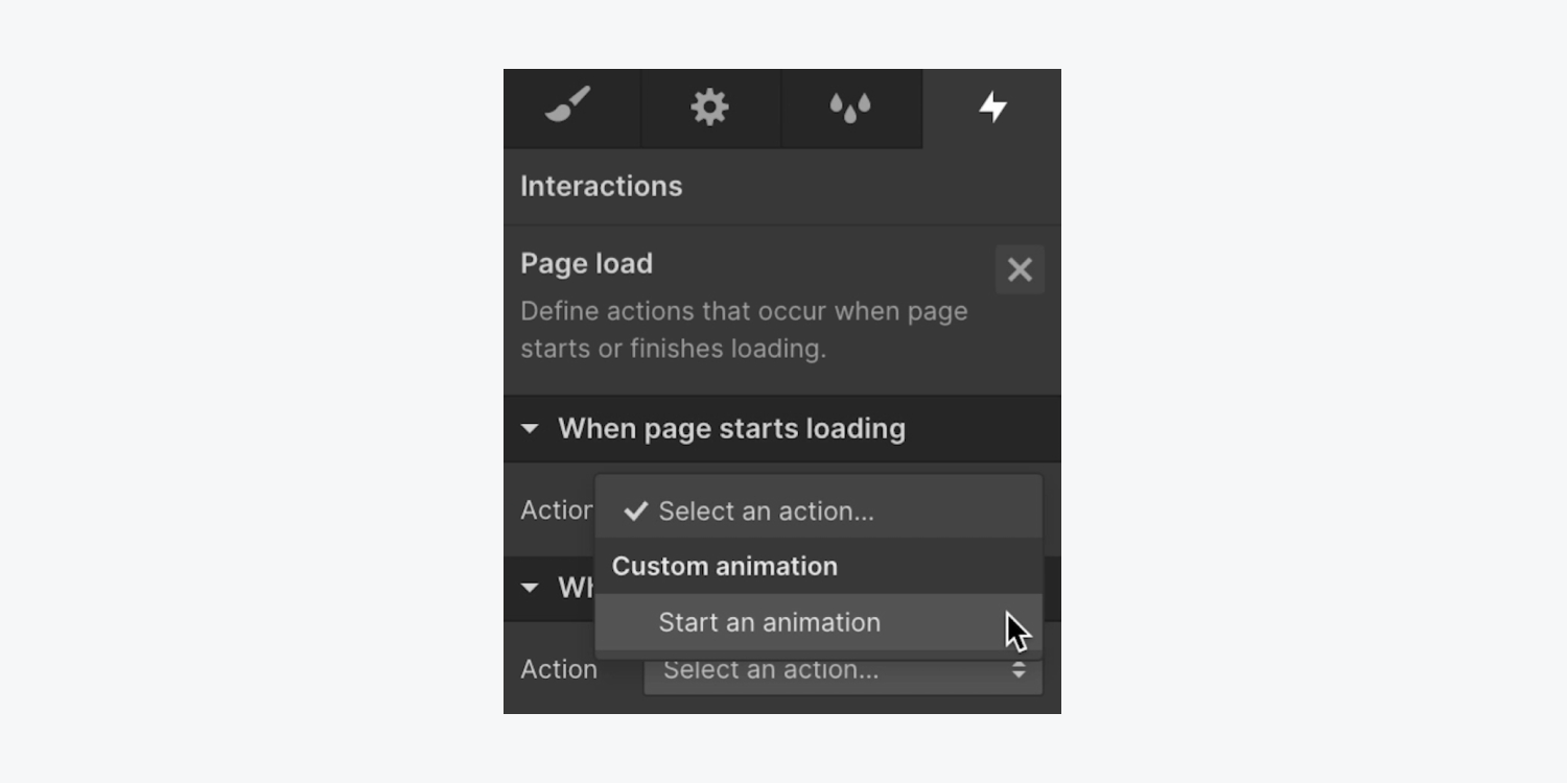 In the When page starts loading section of the Interactions panel, the Action dropdown menu is open and the mouse is hovering over “Start an animation.”