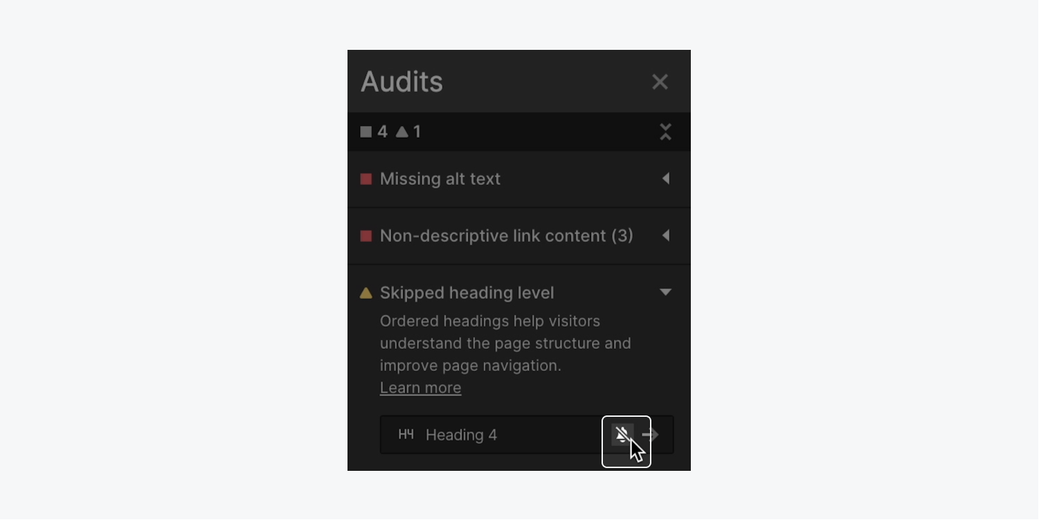 The “silenced bell” icon is highlighted alongside an issue in the Audit panel to show how you can ignore a flagged issue. 