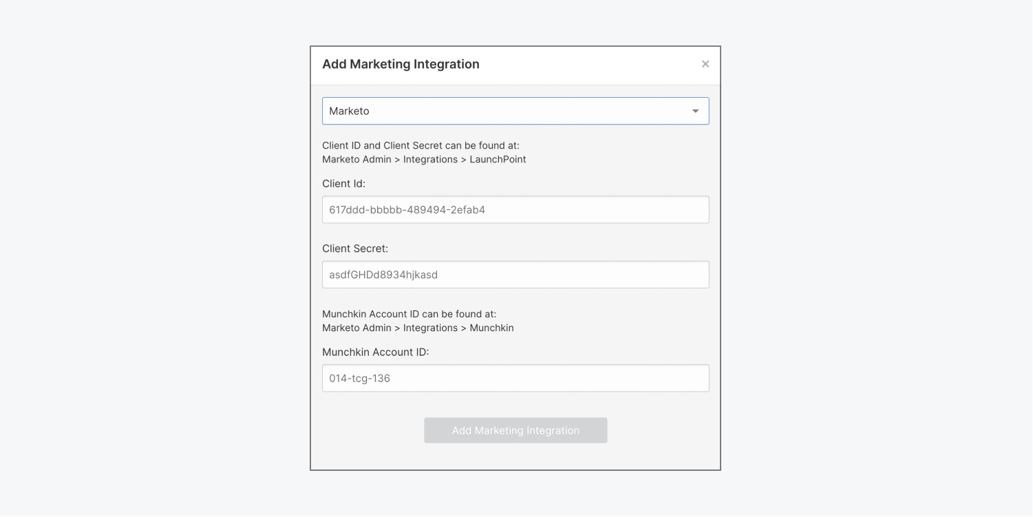 The “Add marketing integration” modal with three dropdown menus: Client ID, Client Secret, and Munchkin Account ID.