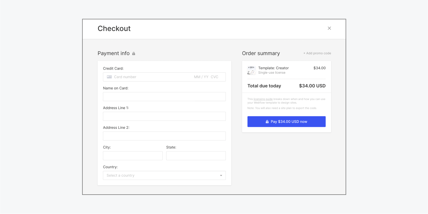 The Checkout modal shows one template in the Order summary.